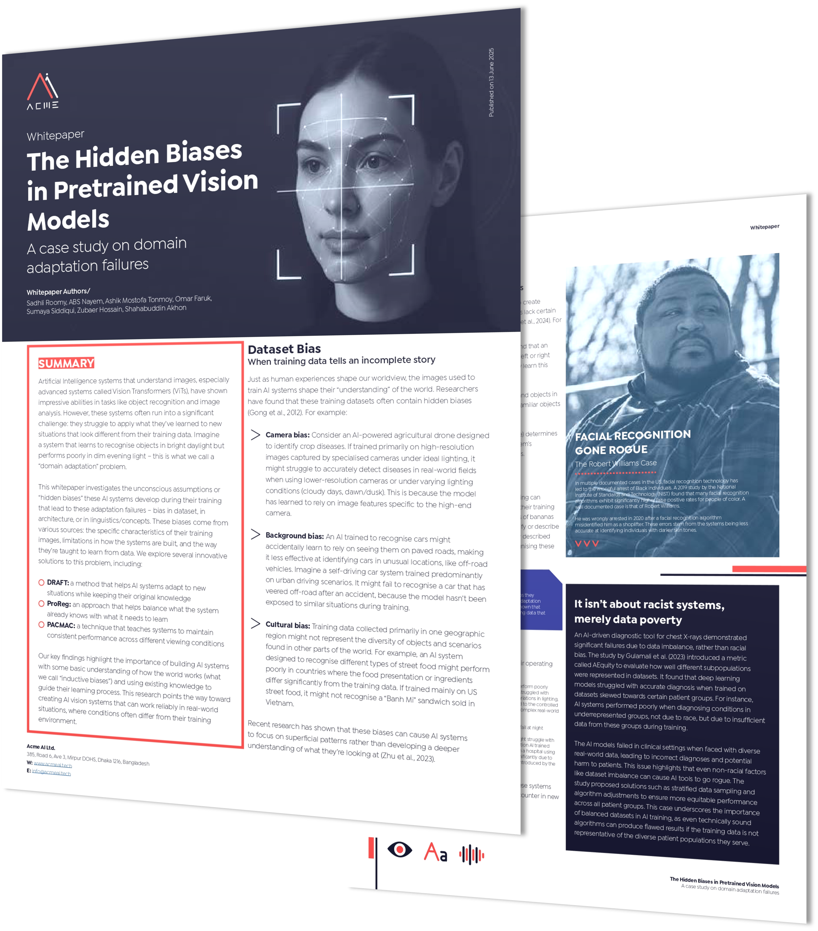 Whitepaper titled The Hidden Biases in Pretrained Vision Models with a facial recognition graphic and summary text.