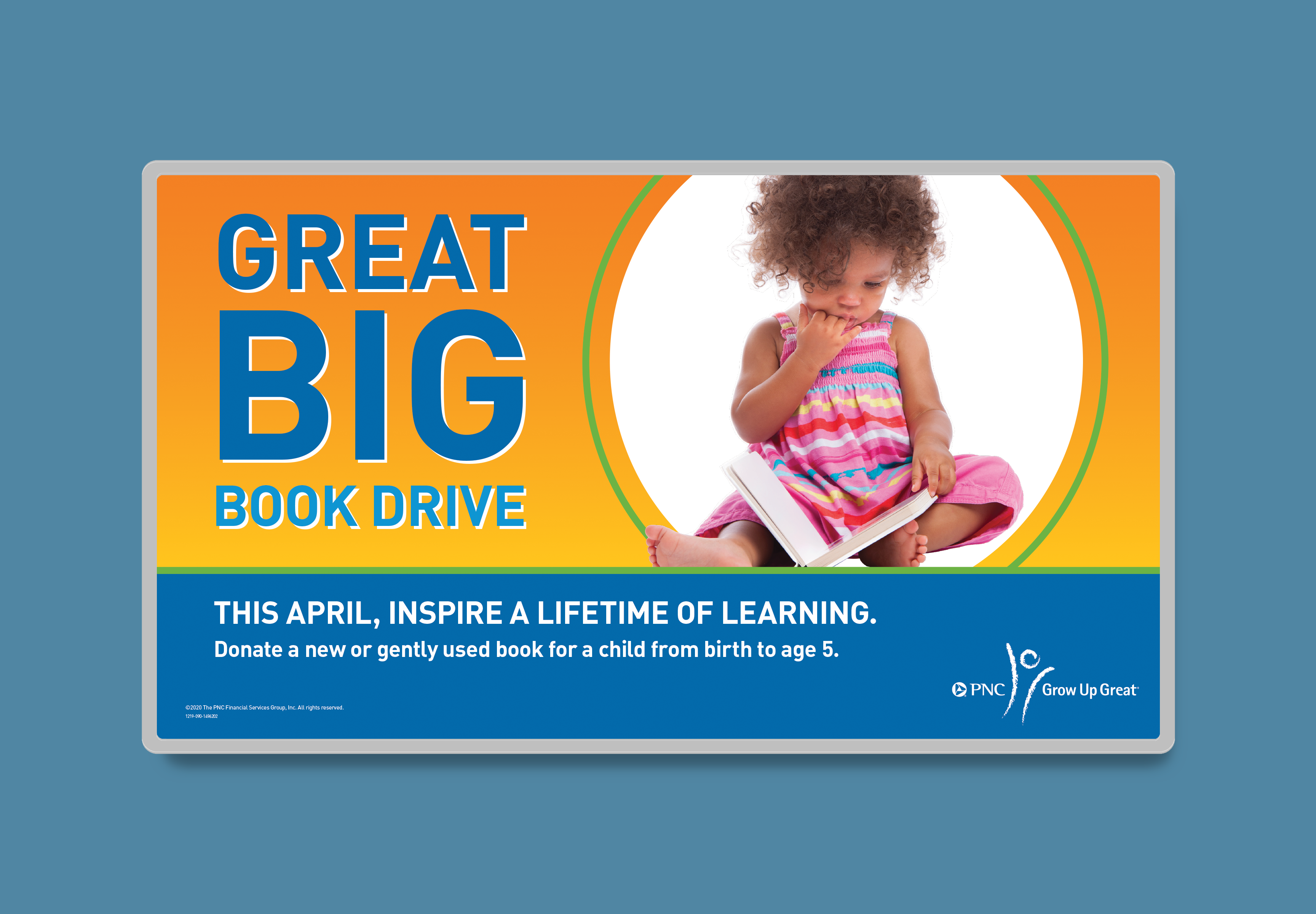 A mockup of a digital screen over a blue background. The screen features a yellow-orange gradient and the headline "Great Big Book Drive" in bold, blue text, next to an image of a child holding a book. The white body copy along the bottom of the screen features a blue background.