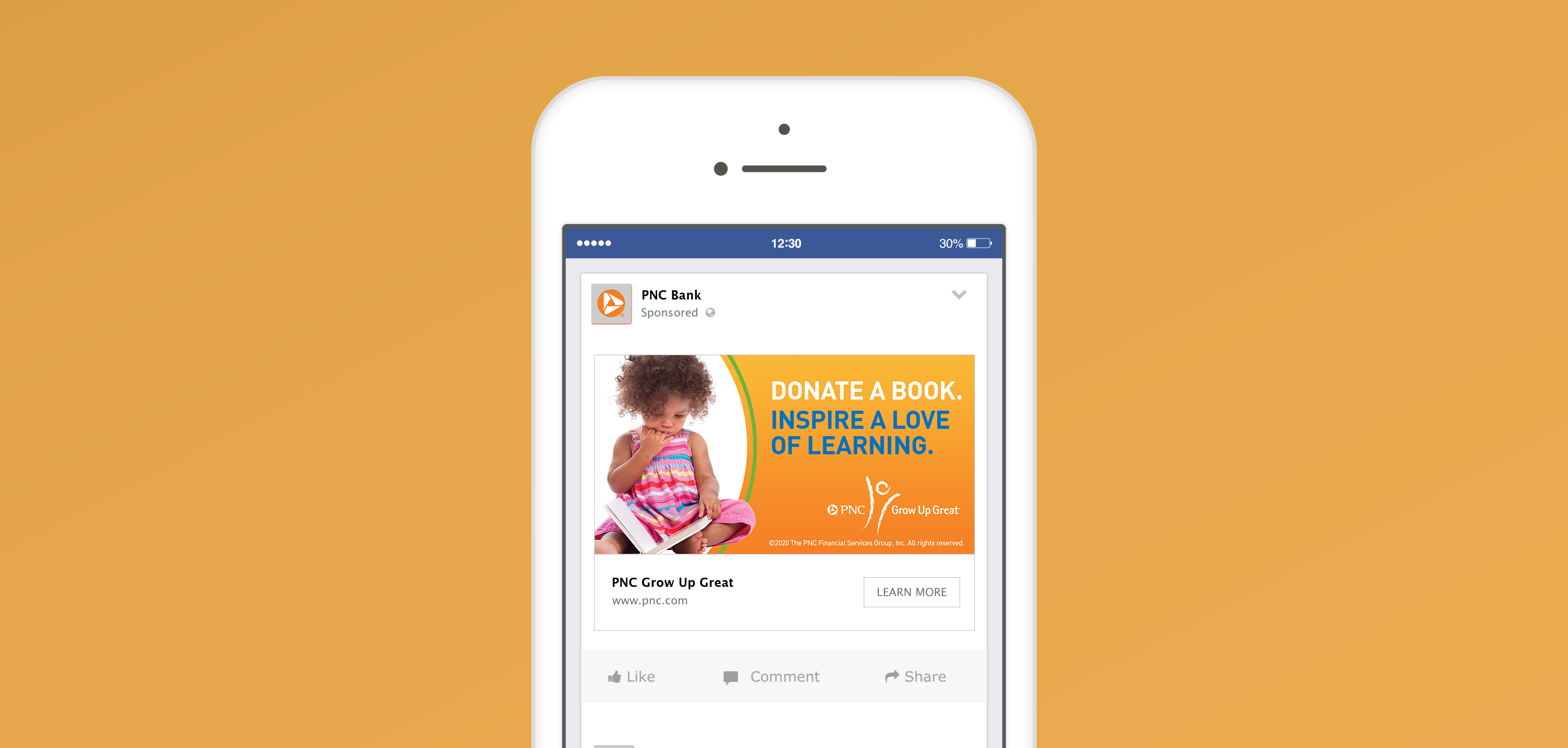 A mockup of an iPhone over a mustard background. The phone features a Facebook post that consists of a yellow-orange gradient background and an image of a child holding a book. The image headline is "Donate a book. Inspire a love of learning."