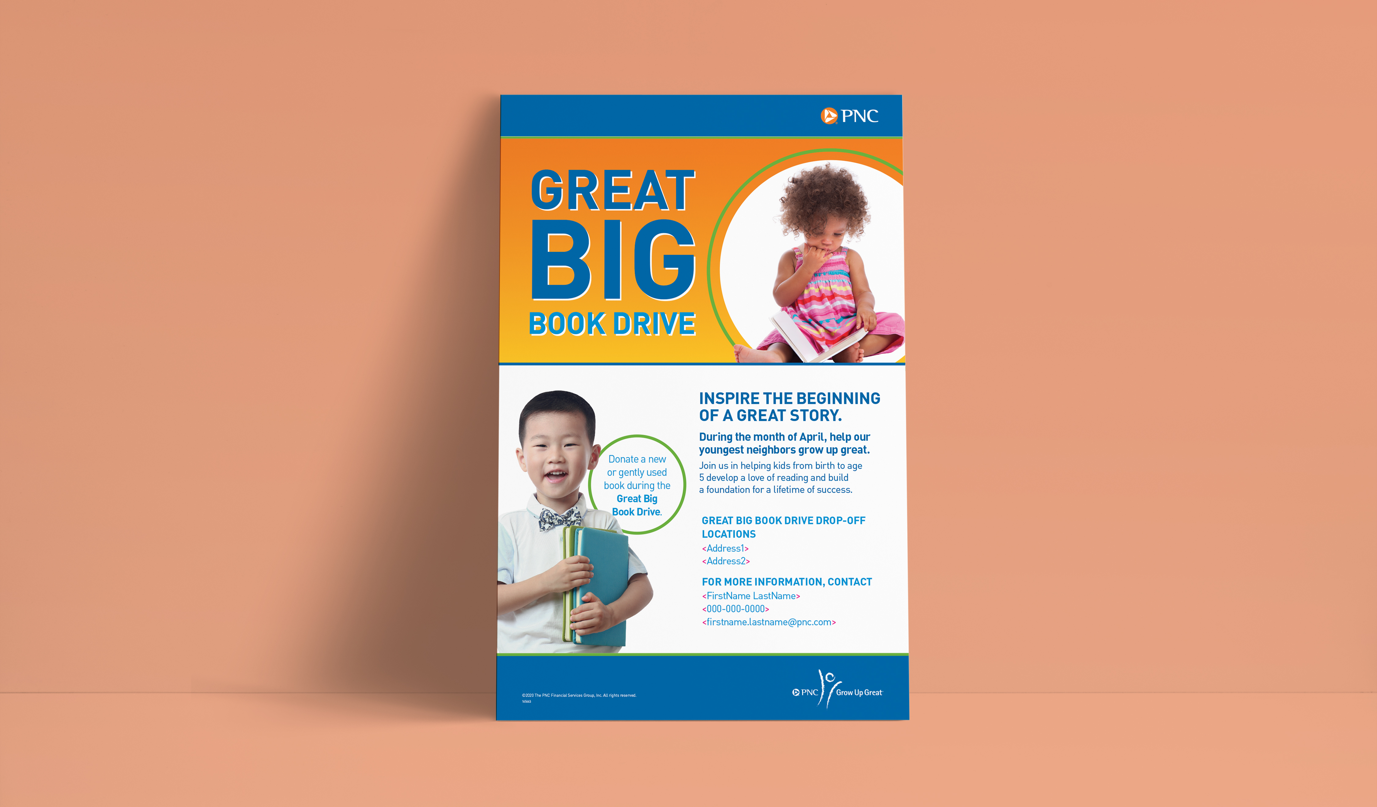 A mockup of a poster, over a salmon-colored background. The header and footer are blue. The main headline section features a yellow-orange gradient and bold blue copy reading "Great Big Book Drive," next to an image of a child holding a book. Below, there is more copy with details about the book drive, alongside another image of a happy child holding a book.