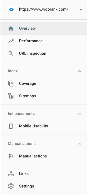 Google Search Console left side navigation