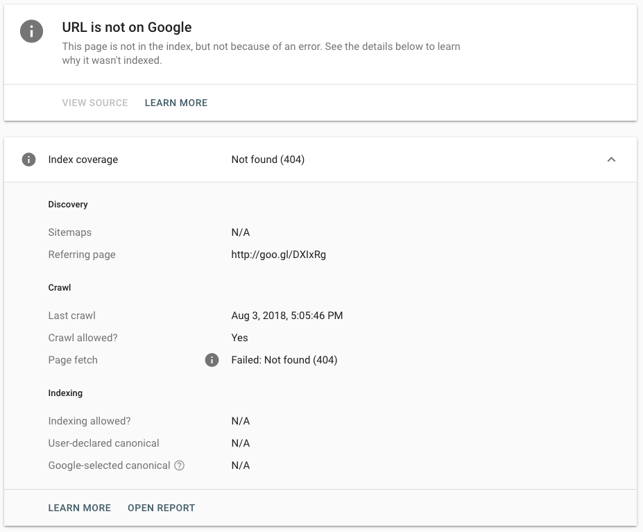 URL inspection tool report