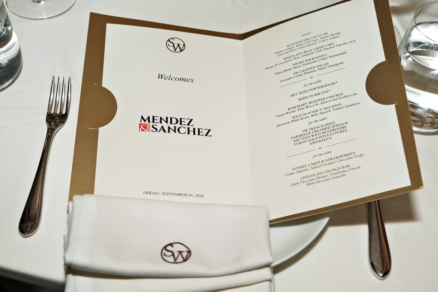 SW Steakhouse menu card welcoming Mendez & Sanchez guests