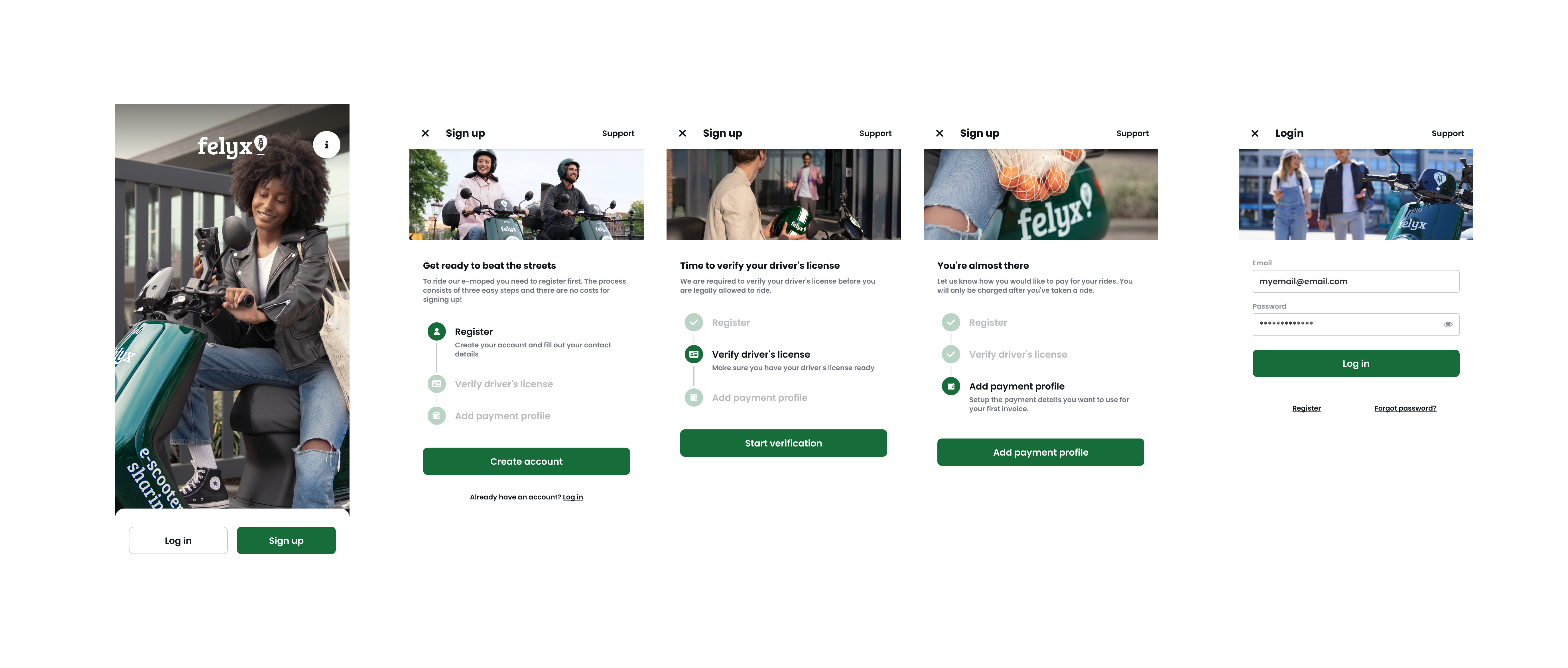 felyx registration flow with step-by-step guidance and quick access to Support center