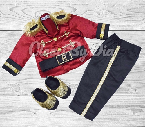Red prince outfit for baby boy with gold detailing and crown, designed for first birthday celebrations