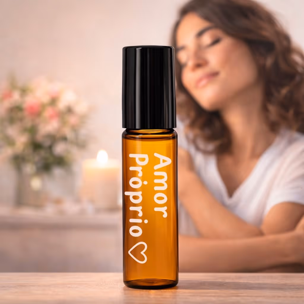Garrafa âmbar com o rótulo Amor Próprio e um coração, focada em frente a uma mulher sorridente e a uma vela acesa.