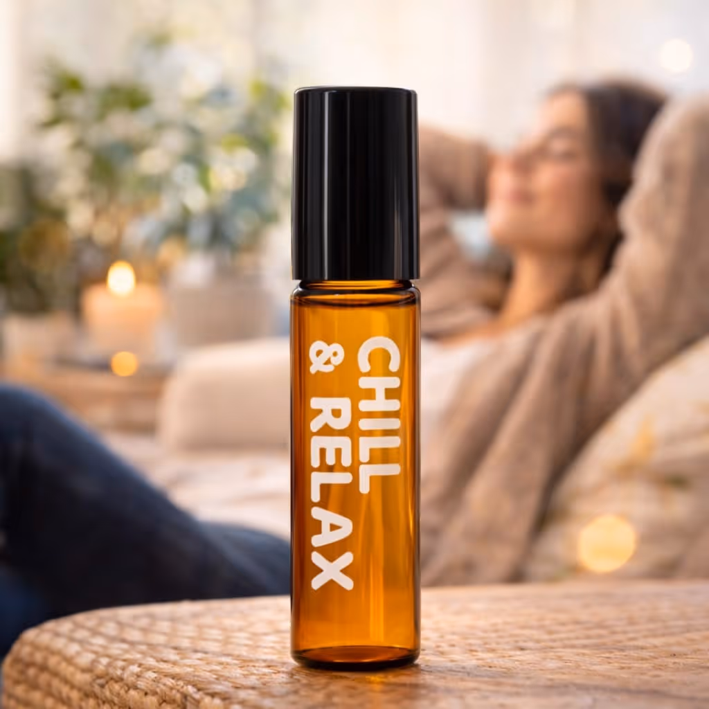 Garrafa âmbar com tampa preta e o rótulo "CHILL & RELAX" sobre uma mesa de vime, com uma mulher relaxada em segundo plano.