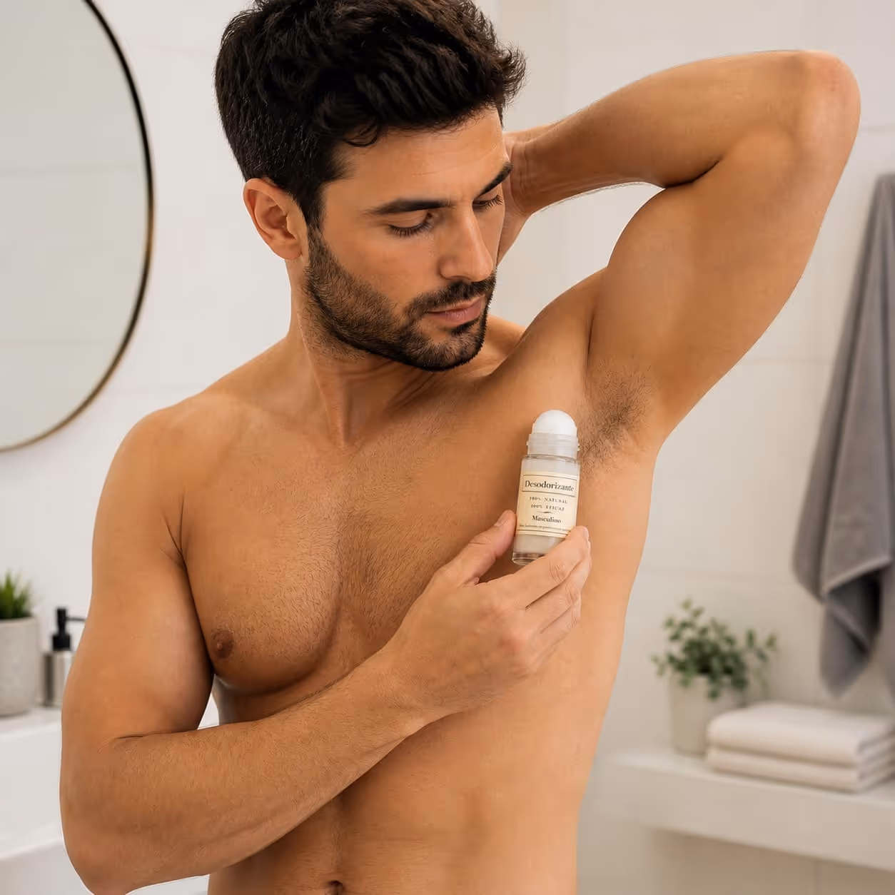 Homem a aplicar desodorizante roll-on na axila numa casa de banho moderna.