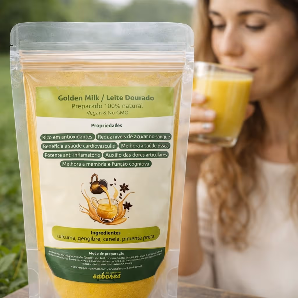 Mulher a comer com uma colher, com um frasco etiquetado como Kit Imunidade Defeza Natural em cima da mesa.