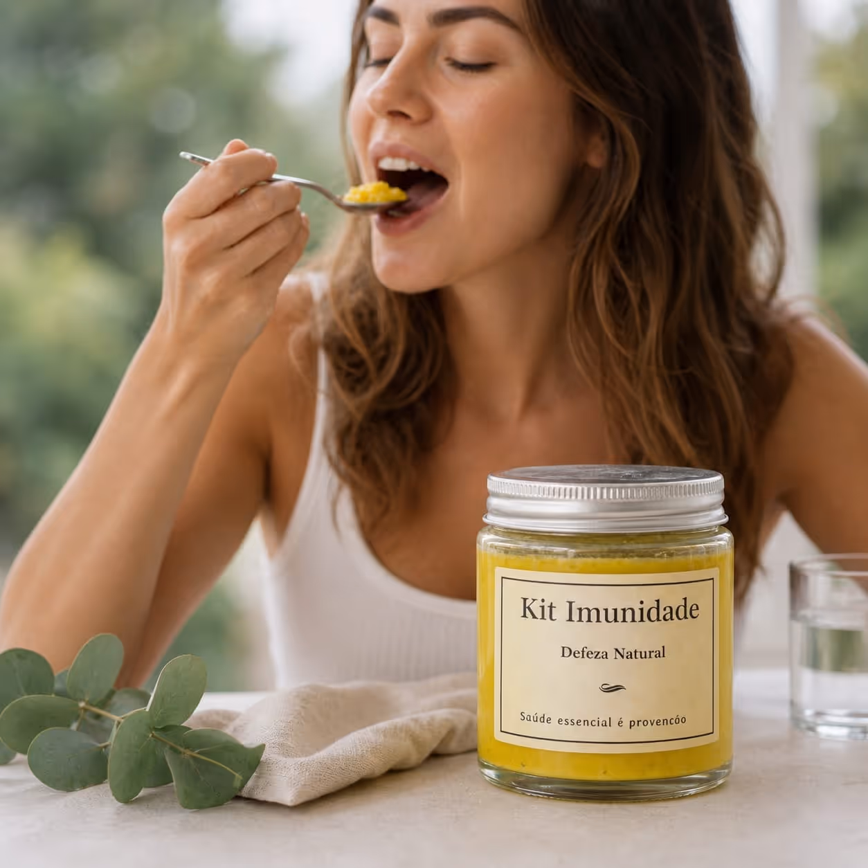 Mulher a comer com uma colher, com um frasco etiquetado como Kit Imunidade Defeza Natural em cima da mesa.