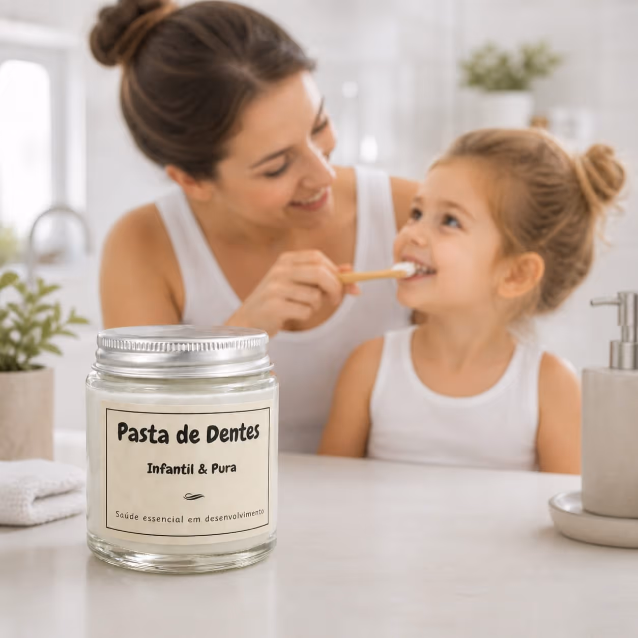 Uma mãe sorridente ajuda a menina a escovar os dentes com pasta de dentes natural numa casa de banho bem iluminada.