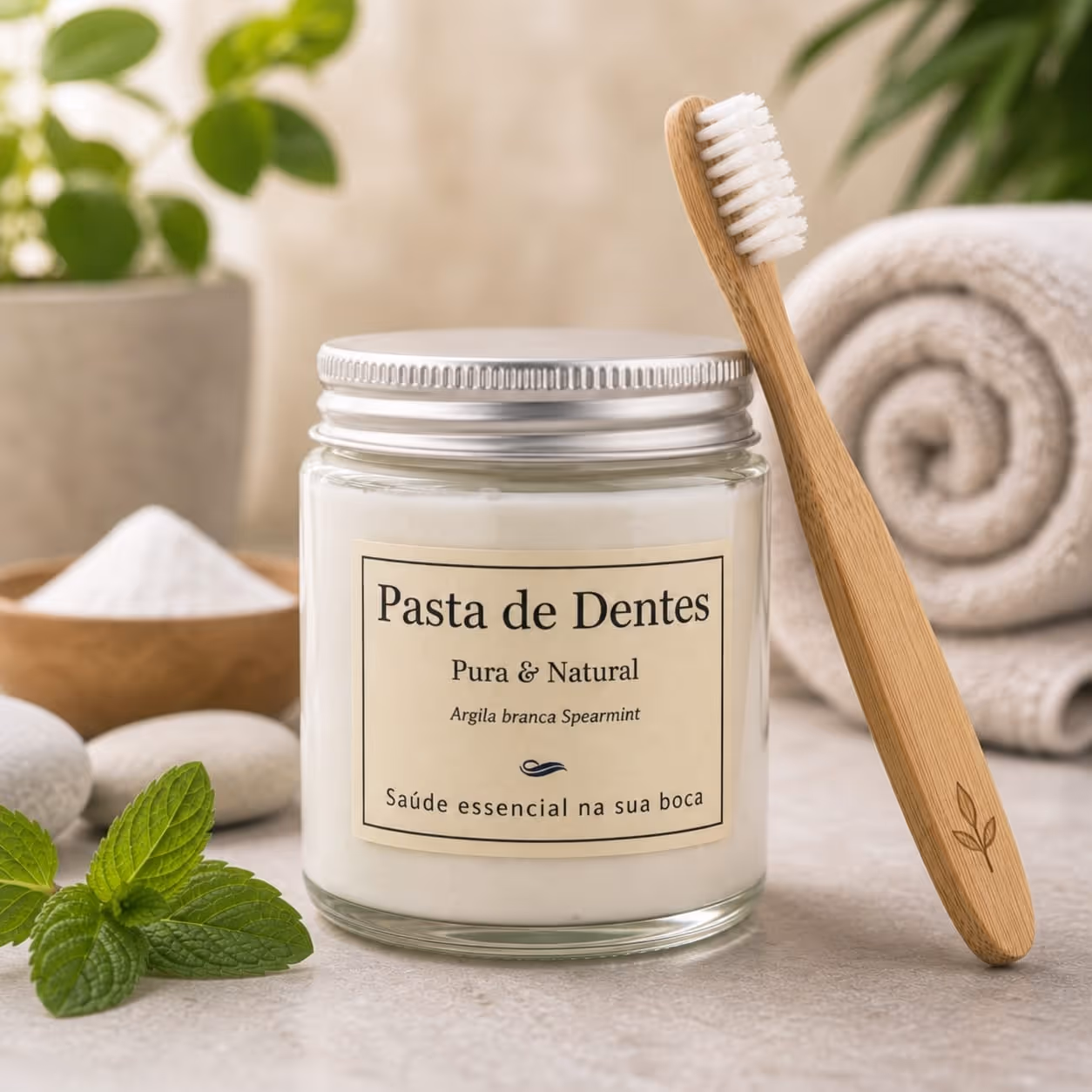 Pote de vidro com pasta de dentes natural, escova de dentes de bambu, folhas de hortelã, pedras e toalha enrolada por perto.