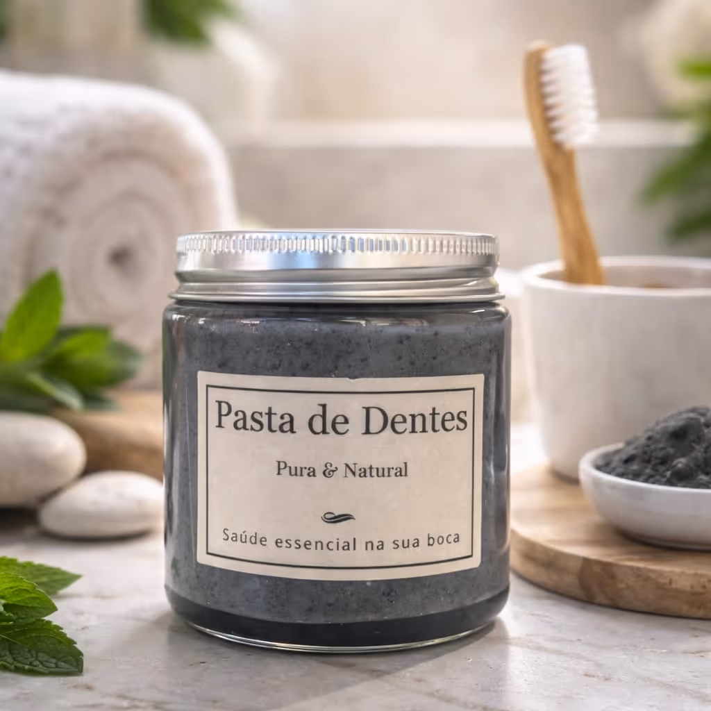 Pote de vidro cinzento com pasta de dentes natural, etiquetado como Pasta de Dentes, sobre bancada de mármore, juntamente com escova de dentes e toalha.