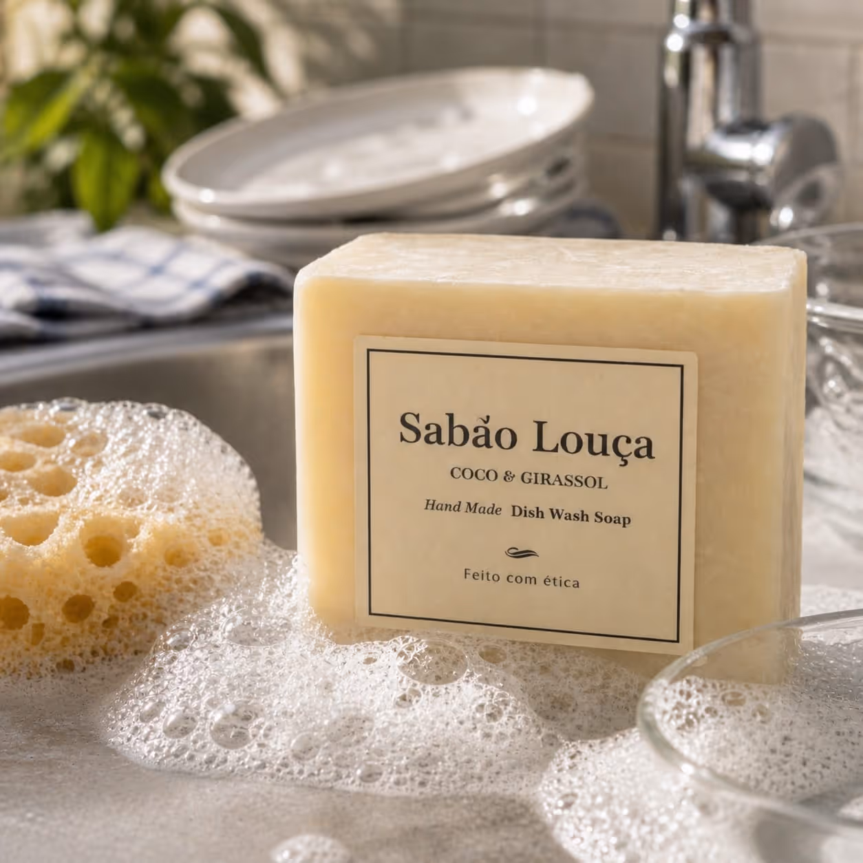 Barra de sabão líquido artesanal de coco e girassol com espuma, perto de uma esponja no lava-loiça.