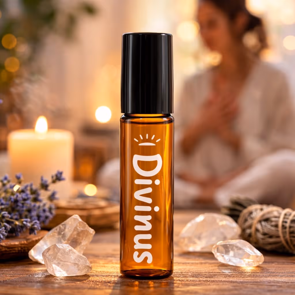 Uma garrafa âmbar com o rótulo "Divina" repousa sobre madeira, rodeada de cristais, lavanda e velas acesas, sob uma luz suave.