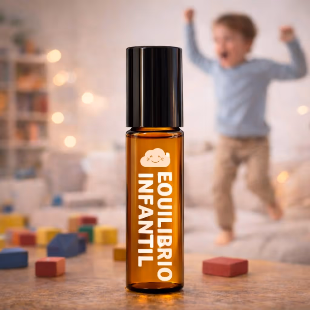Garrafa âmbar com o rótulo Equilibrio Infantil sobre uma mesa, com uma criança a brincar ao fundo, embaciada.