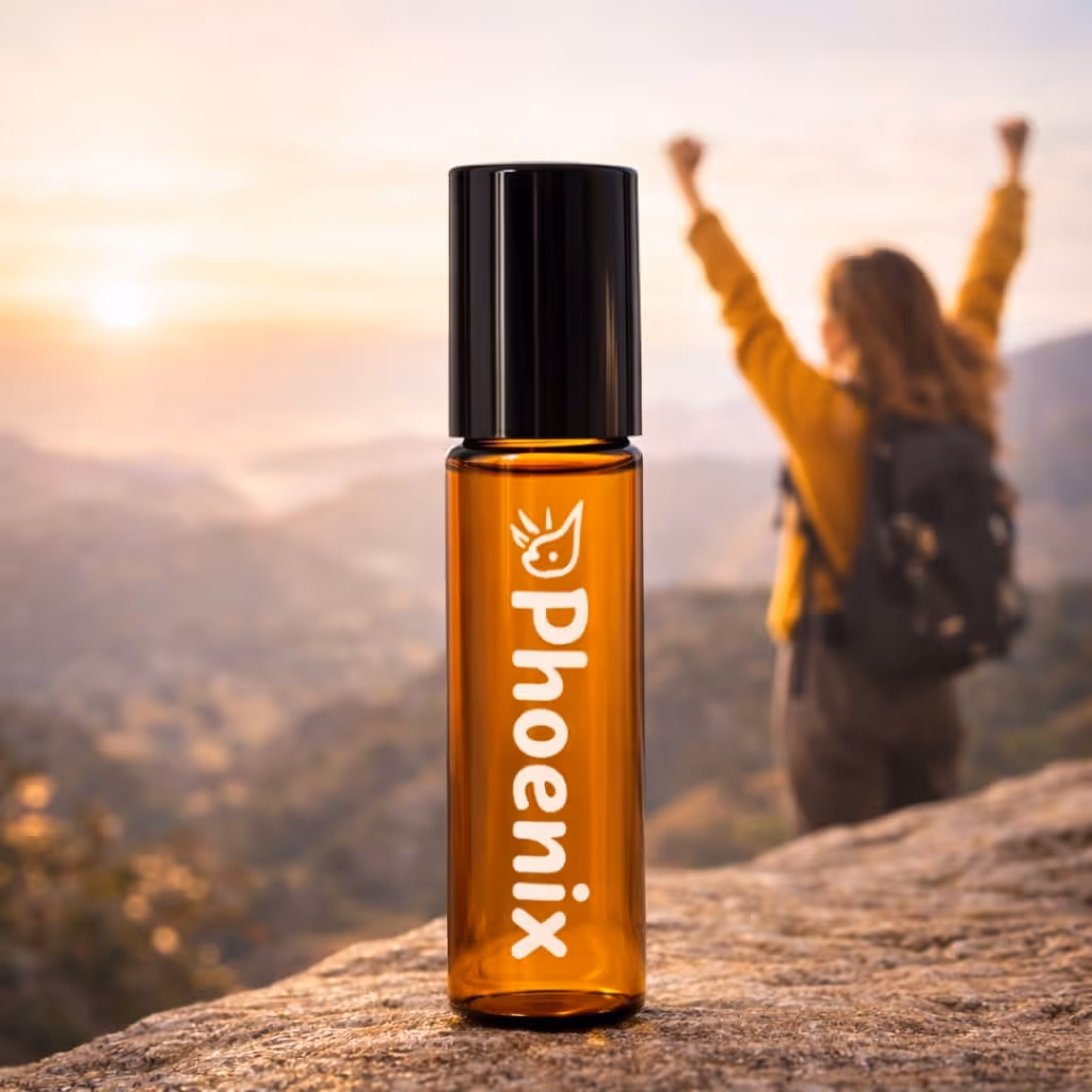 Garrafa âmbar com o rótulo Phoenix sobre uma rocha, com um caminhante e uma vista da montanha ao nascer do sol como pano de fundo.