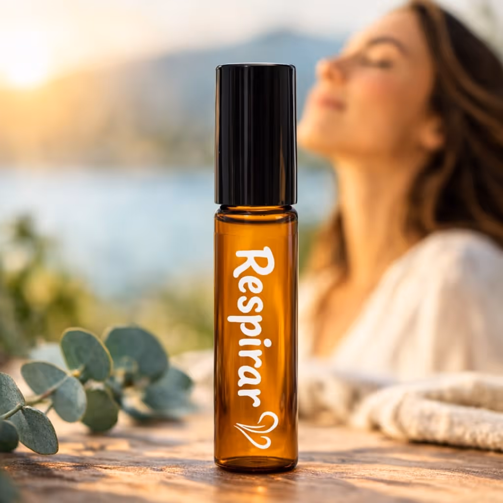 Frasco roll-on de vidro âmbar com a etiqueta 'Respirar' sobre superfície de madeira com eucalipto e uma mulher a relaxar em desfoque.
