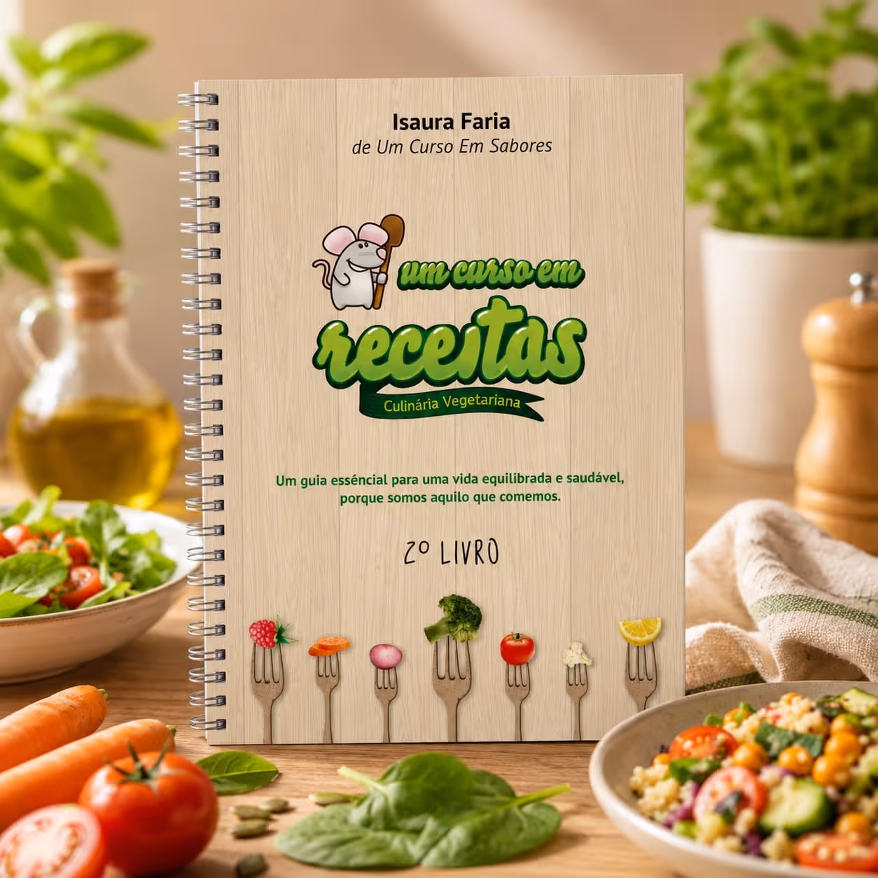 Livro de receitas em espiral intitulado 'um curso em receitas', com legumes em garfos e ingredientes frescos para salada à volta.