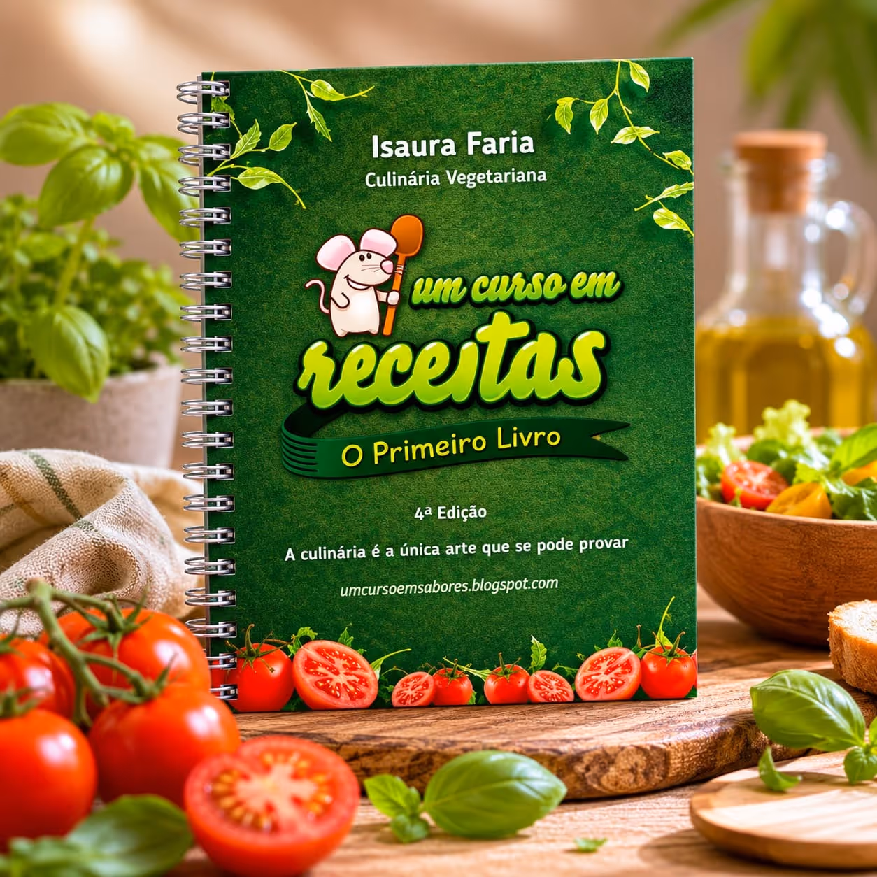 Livro de receitas vegetarianas verdes intitulado 'Um Curso de Receitas', de Isaura Faria, sobre uma tábua de cozinha com tomate e manjericão.