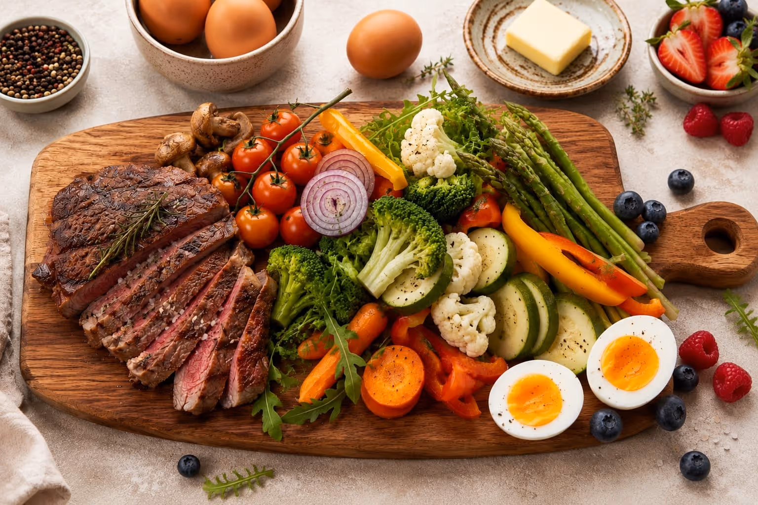 Bife fatiado, ovos cozidos e legumes frescos variados sobre uma tábua de madeira.