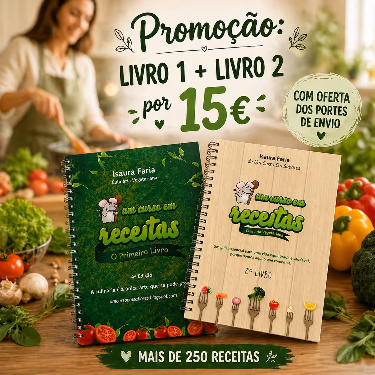 Livro de receitas em espiral intitulado 'um curso em receitas', com legumes em garfos e ingredientes frescos para salada à volta.
