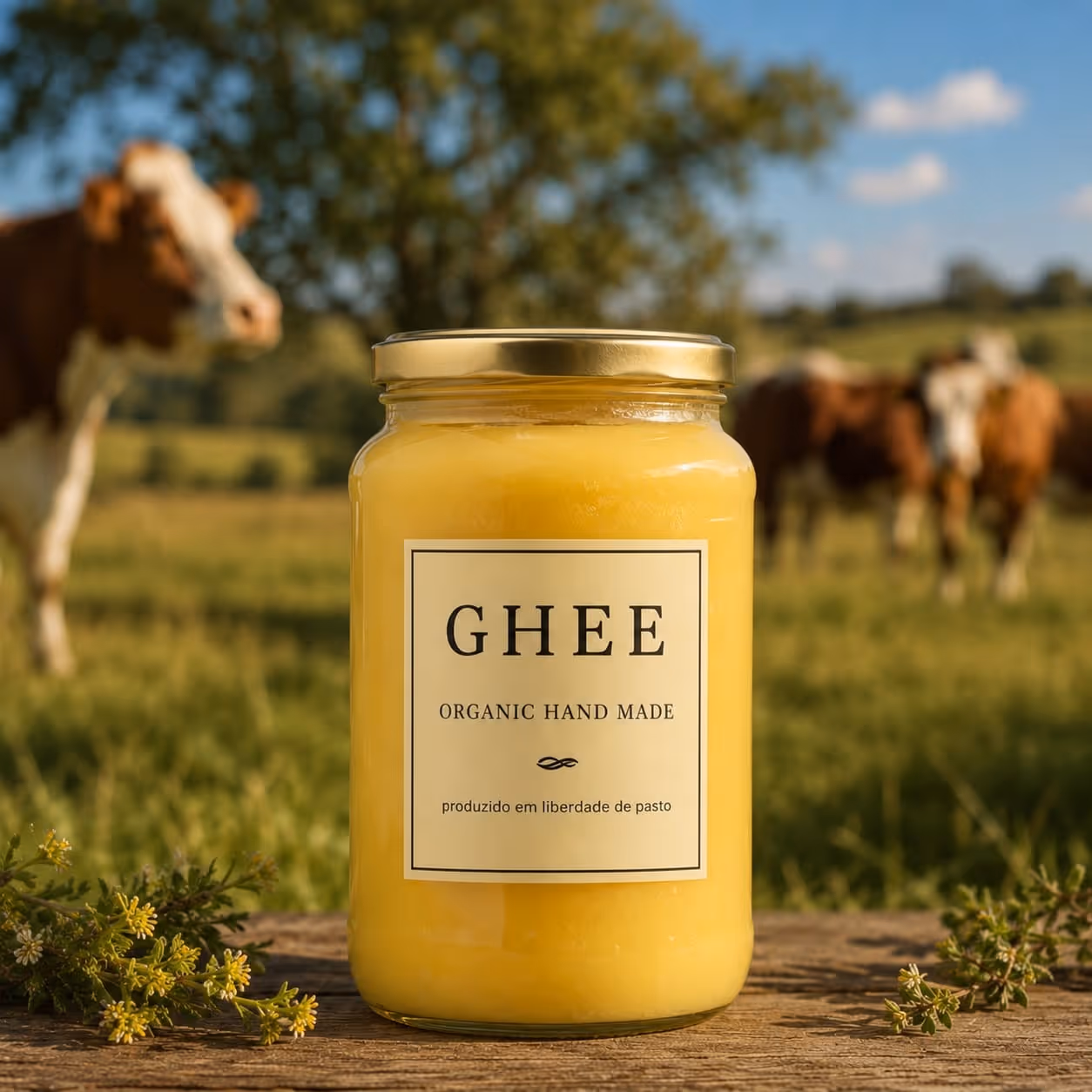 Jar of yellow organic handmade ghee 500ml on wooden surface with cows and green field in background.