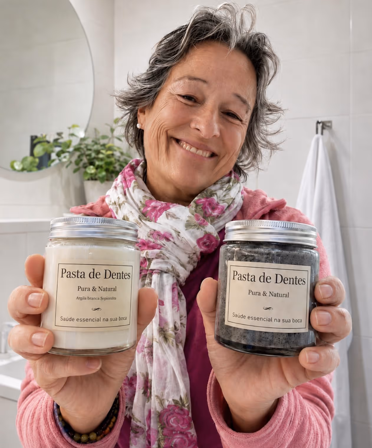 Mulher sorridente com casaco cor-de-rosa a segurar dois potes de pasta de dentes natural com a inscrição "Pasta de Dentes".