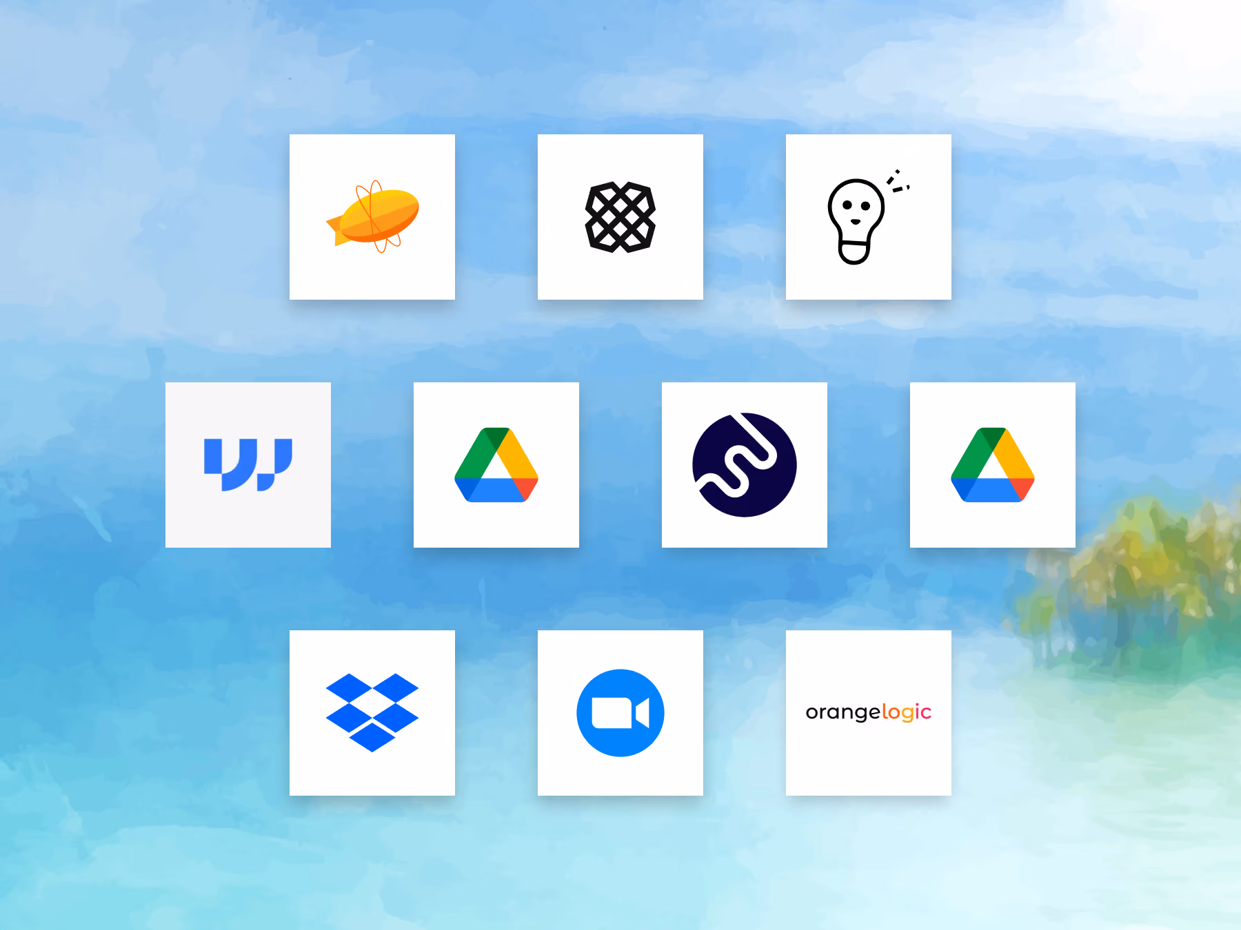 Logos of various productivity and cloud tools including Google Drive, Dropbox, Zoom, and others on a blue background.