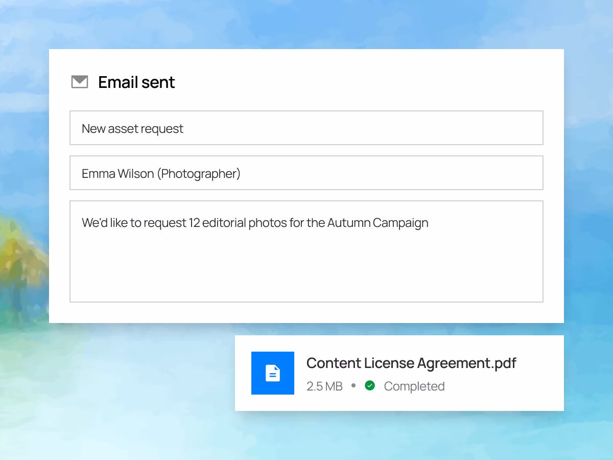 Capture d'écran d'un email envoyé demandant 12 photos éditoriales pour la campagne d'automne avec un PDF joint terminé.