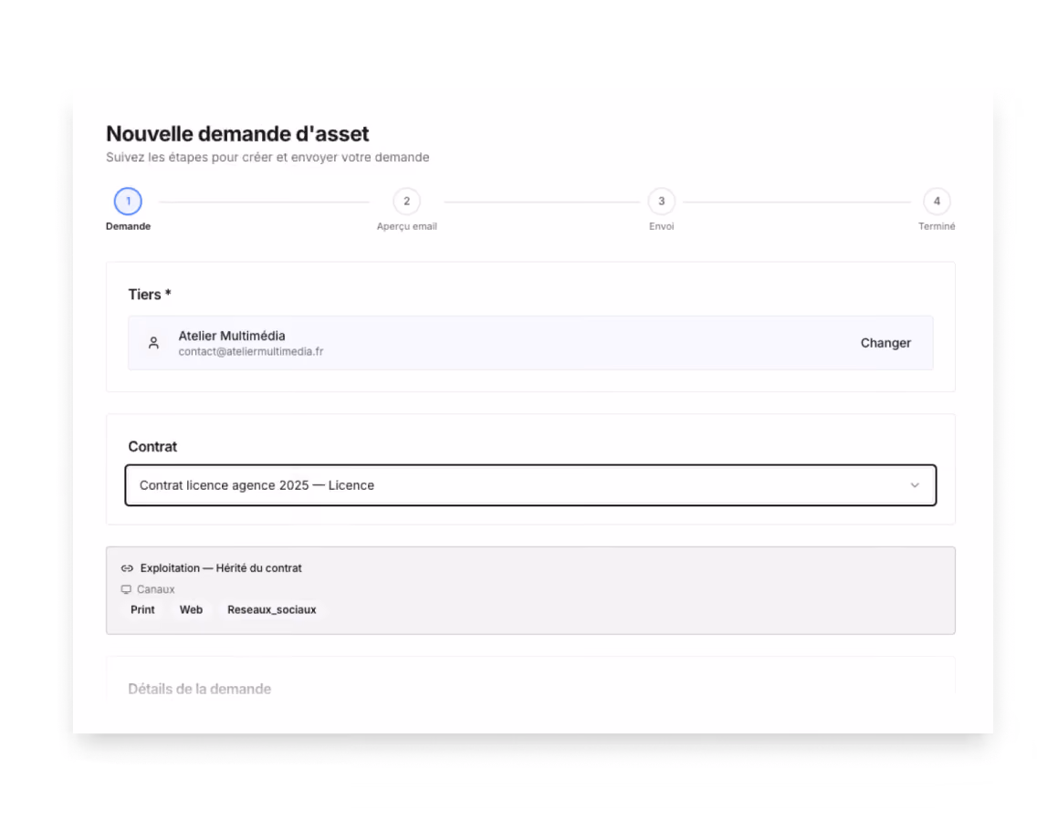 Formulaire de nouvelle demande d'asset avec sélection de tiers, contrat et canaux d'exploitation.
