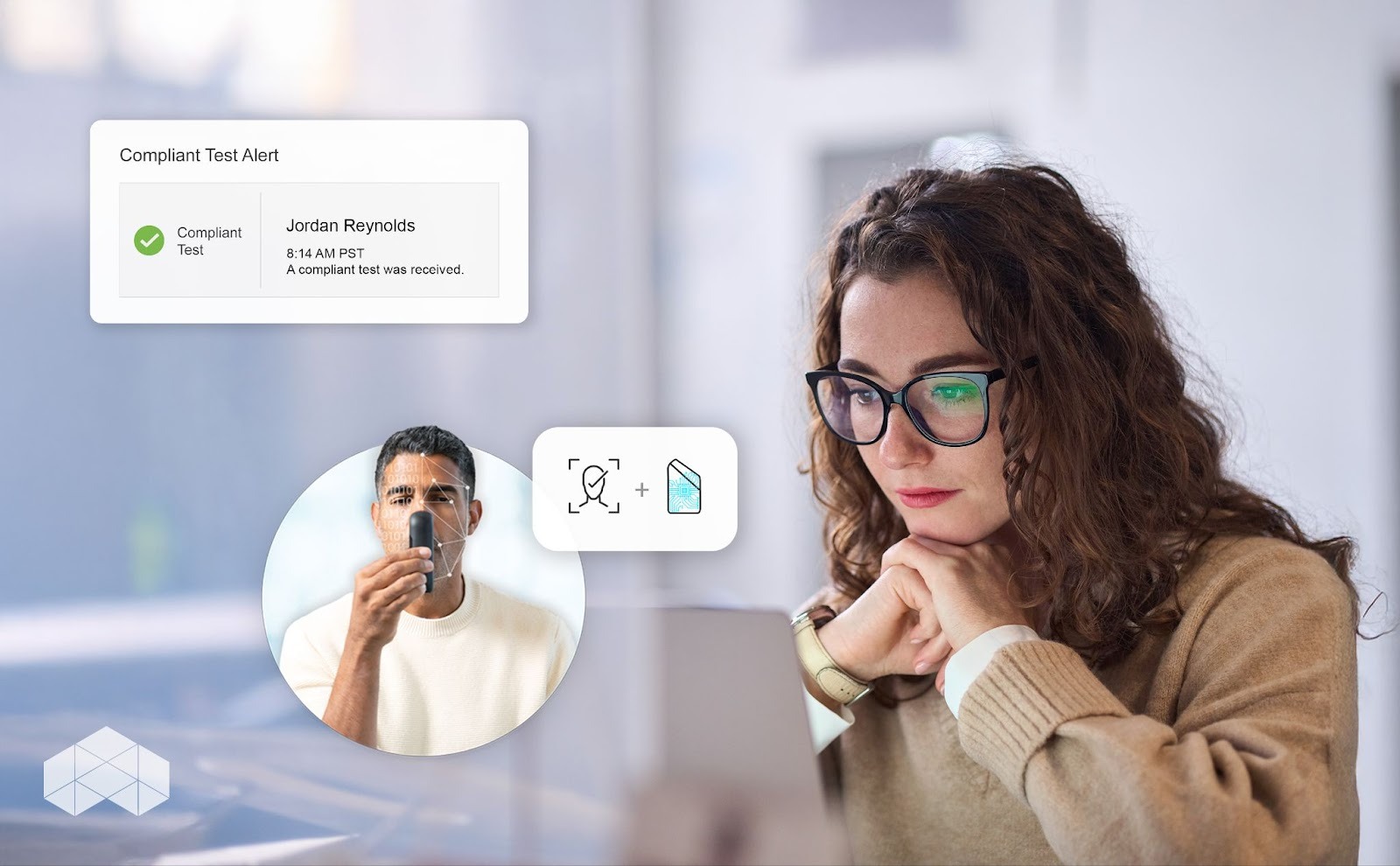 A woman looking at a laptop screen with a compliant test alert callout.