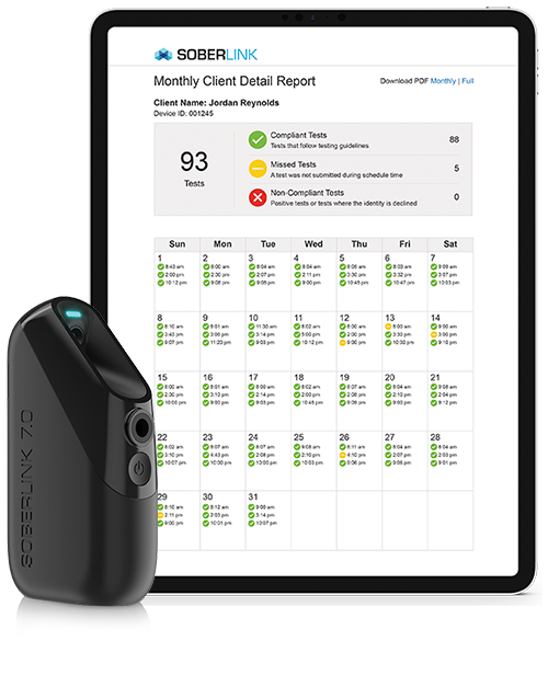 Soberlink's monthly advanced reporting displayed on an iPad and Soberlink 7.0 Device