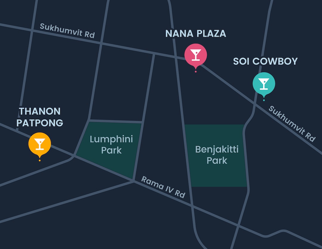 map of the three main red light districts in Bangkok