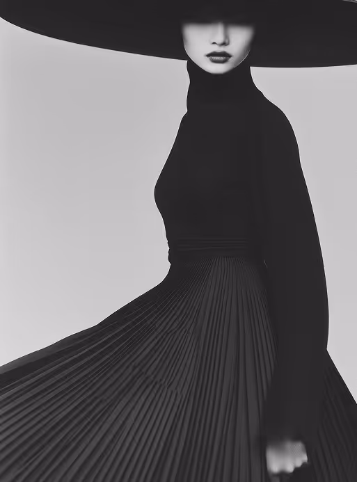 Photographie créée avec l'intelligence artificielle Midjourney d'une femme en noir avec un grand chapeau design