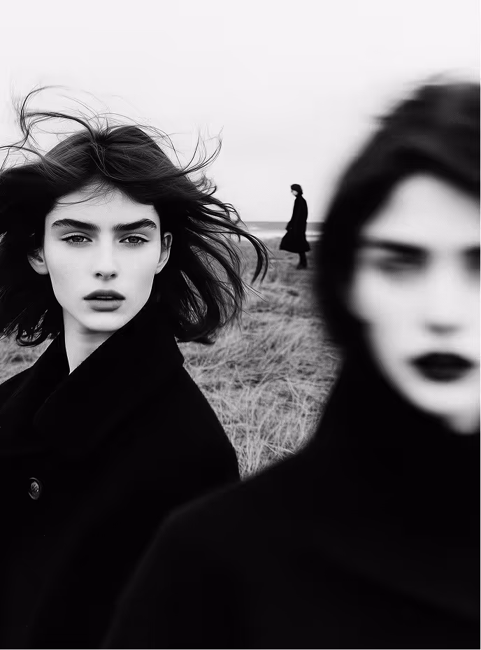 Photographie créée avec l'intelligence artificielle Midjourney de deux filles en premier plan, les cheveux dans le vent