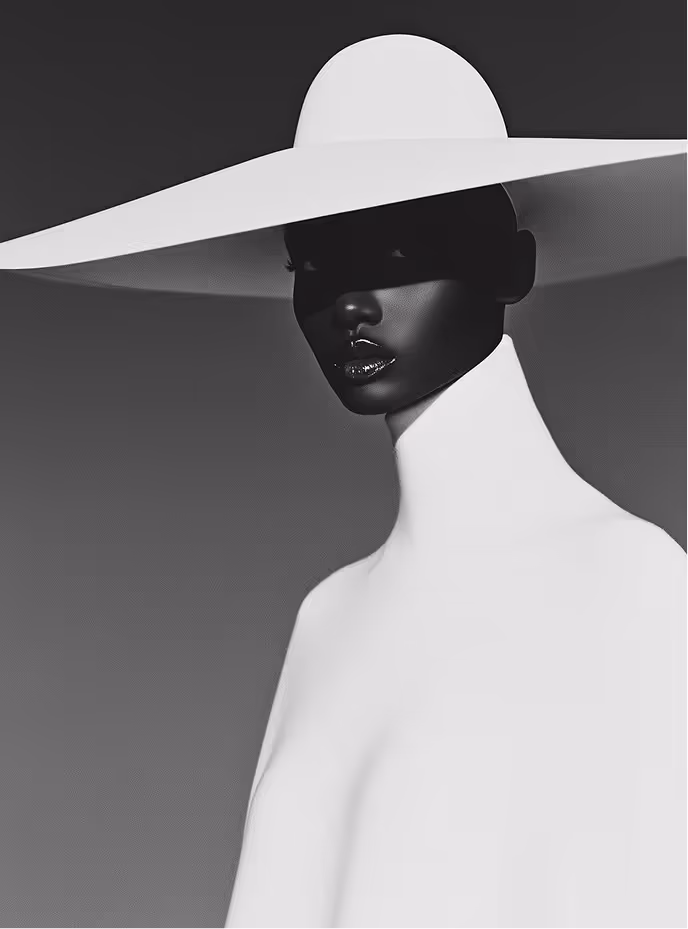 Photographie créée avec l'intelligence artificielle Midjourney d'une femme avec un grand chapeau blanc, design