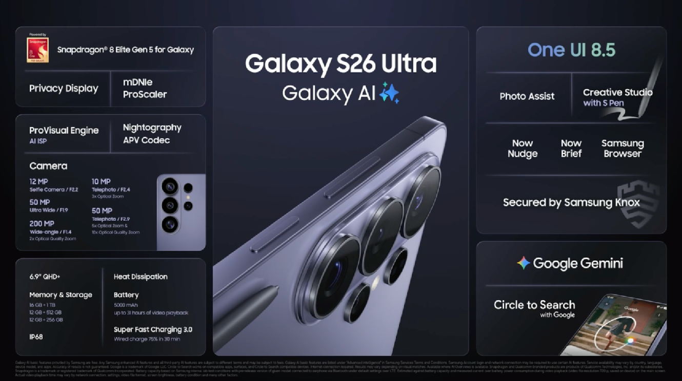 On voit le panneau des spécifications du S26 Ultra avec une illustration du telephone.