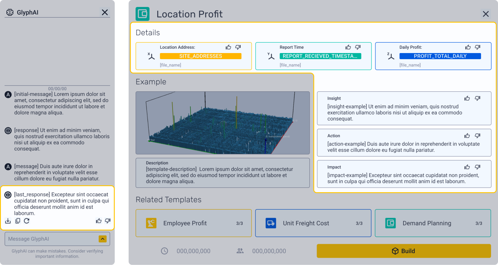 The product spec versions of the GlyphAI sidebar chatbot and the Template detailed view, highlighting the user's ability to provide feedback on every GlyphAI message and decision