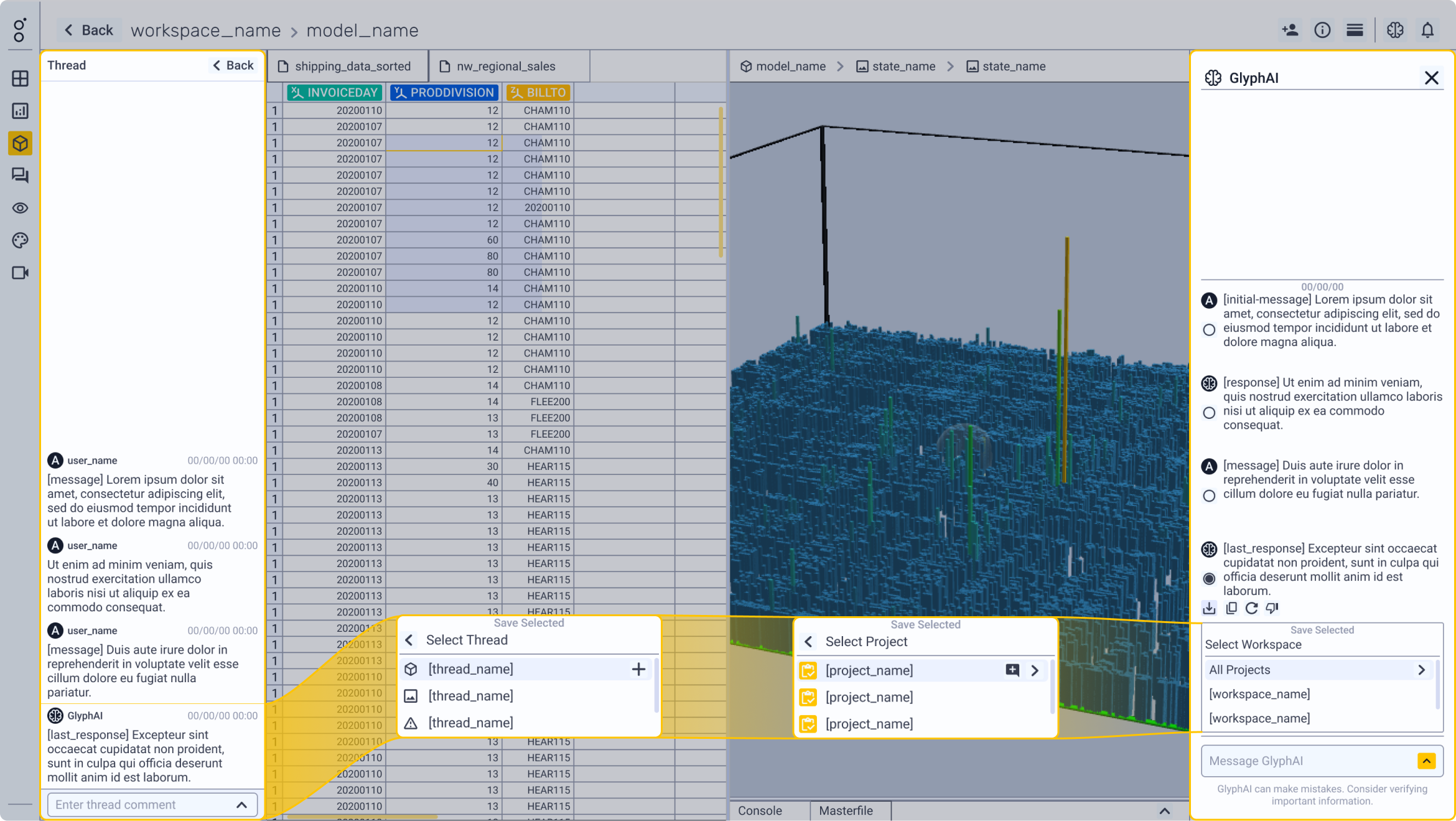 A product spec version of the GlyphX modeling tool that highlights GlyphAI's integration into the Threads tool