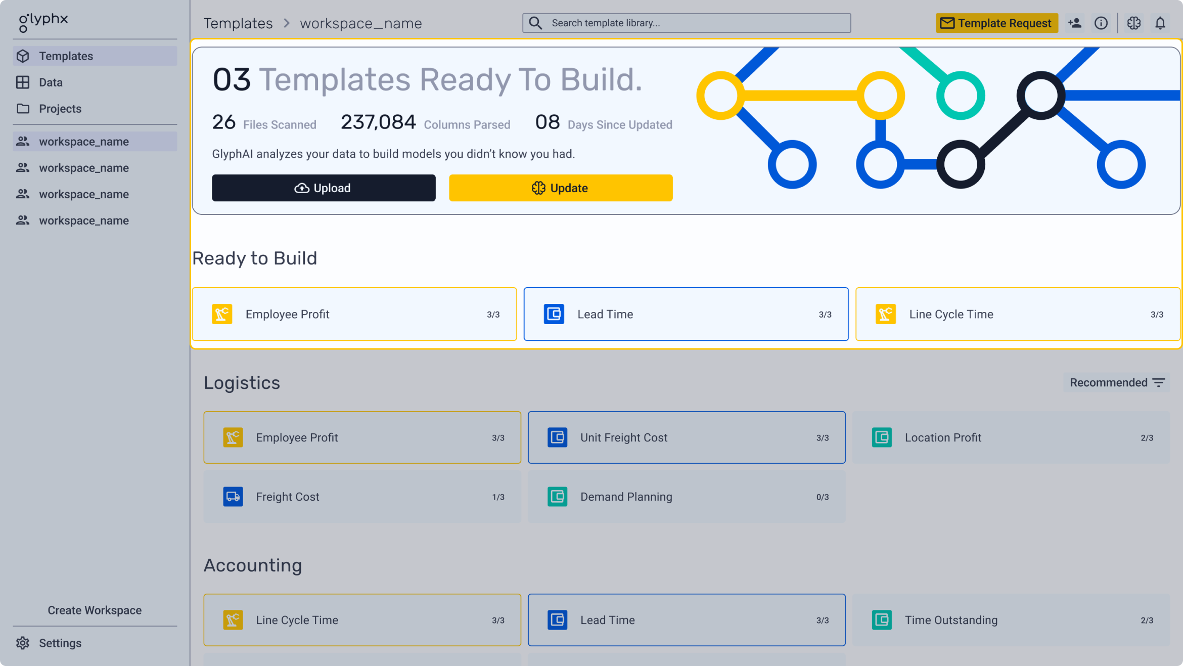 A product spec version of the GlyphX Template Library, highlighting the finalized 'call to action' header which shows users how many, files and columns the AI has scanned, and how long its been since its been updated