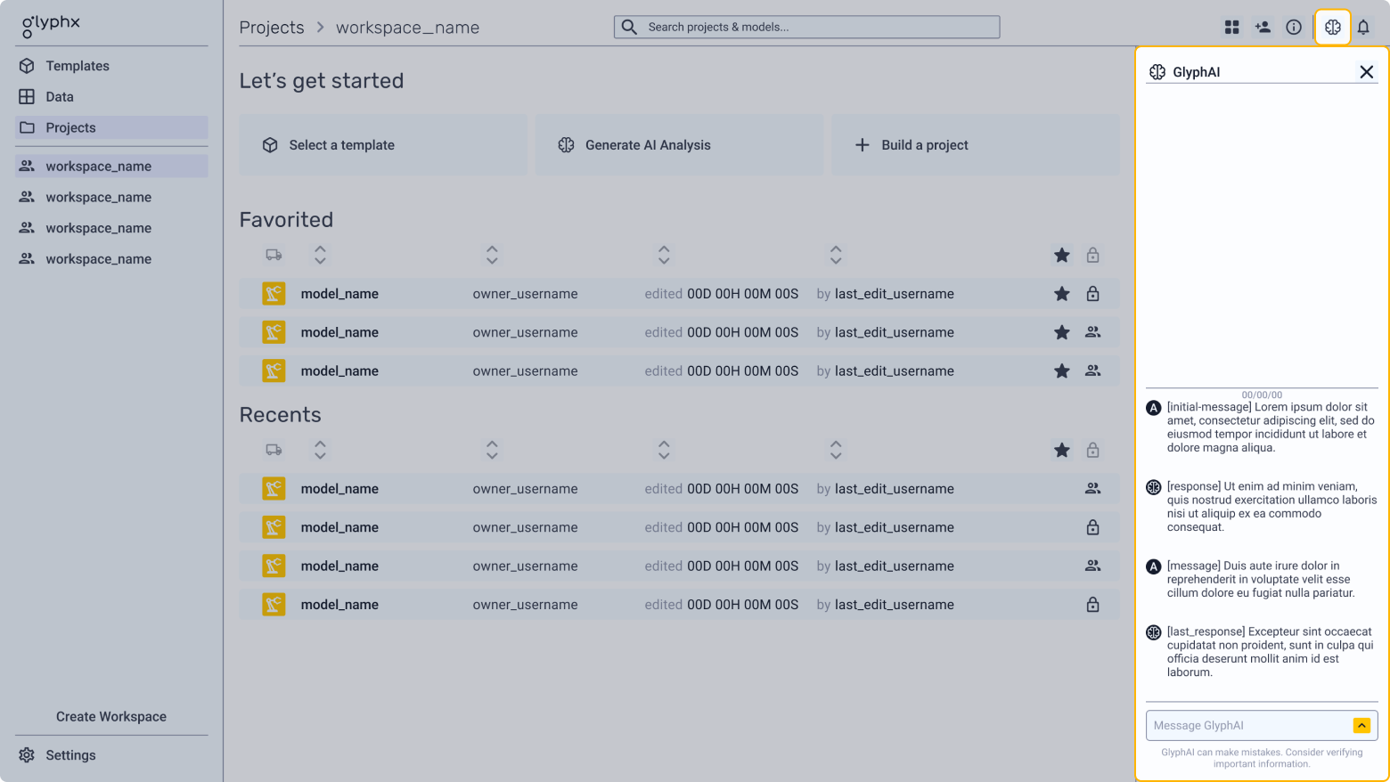 A layout of the glyphx modeling tool, with an early mockup of the GlyphAI chatbot sidebar opened up on the left