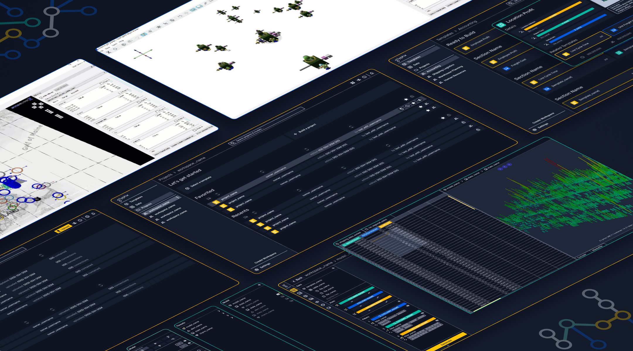 Multiple angled screenshots of GlyphX, a dark-themed data analysis and project management software interface showing dashboards, data tables, graphs, and map visualizations.