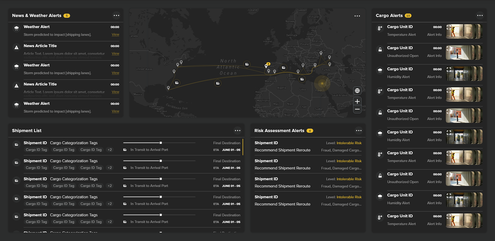 Dashboard displaying news and weather alerts, a world map with shipping routes, shipment list with IDs and tags, risk assessment alerts highlighting intolerable risk shipments, and cargo alerts with status icons and thumbnail images.