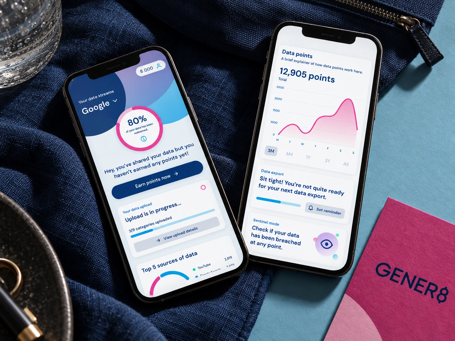 Gener8 app screens on two phones with navy fabric and a pink card.