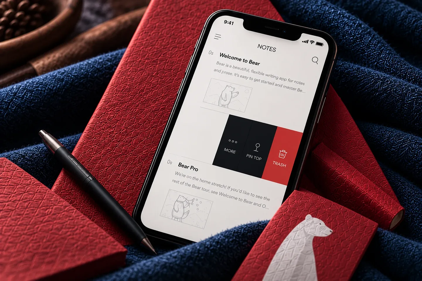 Bear Notes app on a phone against textured red fabric