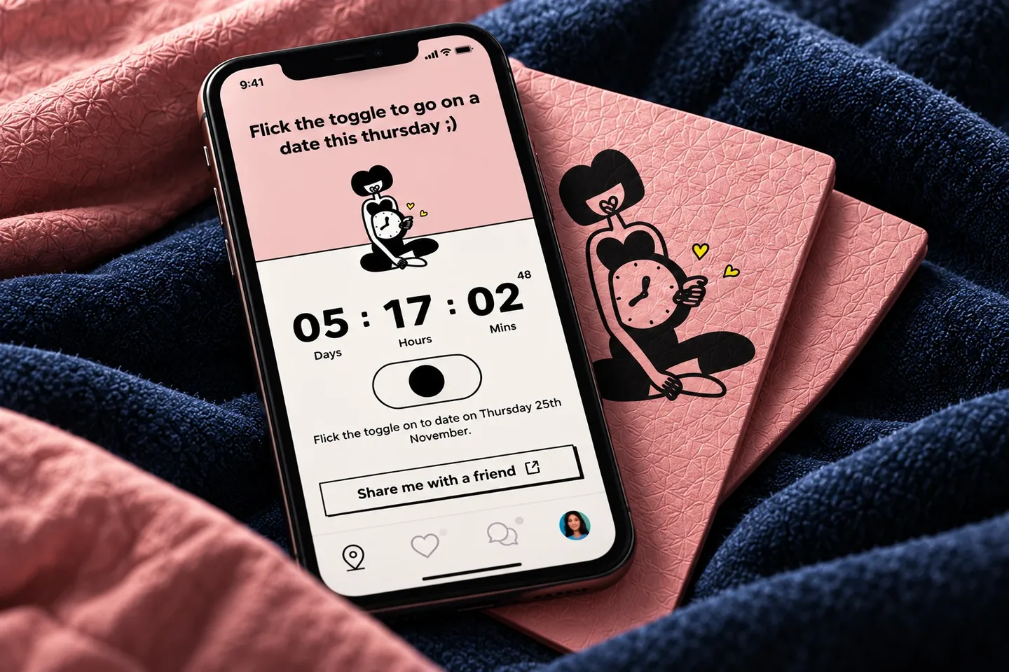Thursday dating app countdown screen on a phone against pink and navy fabric