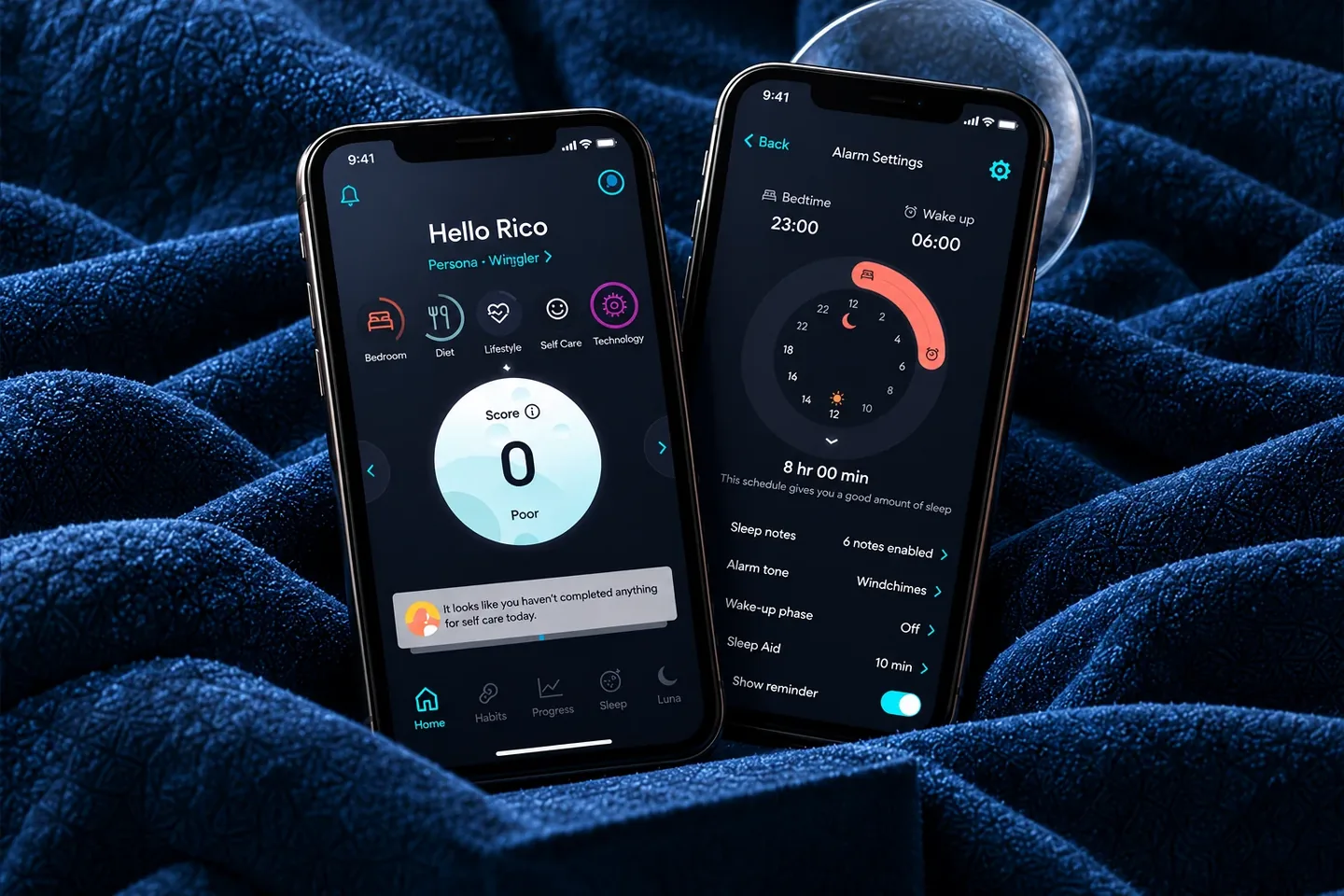 Two Simba Sleep app screens showing sleep score and alarm settings