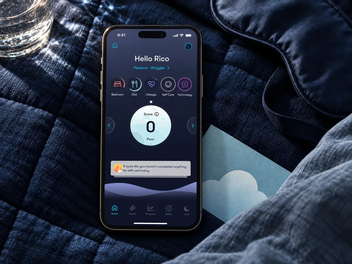 Simba Sleep app dashboard on a phone beside a sleep mask and branded card
