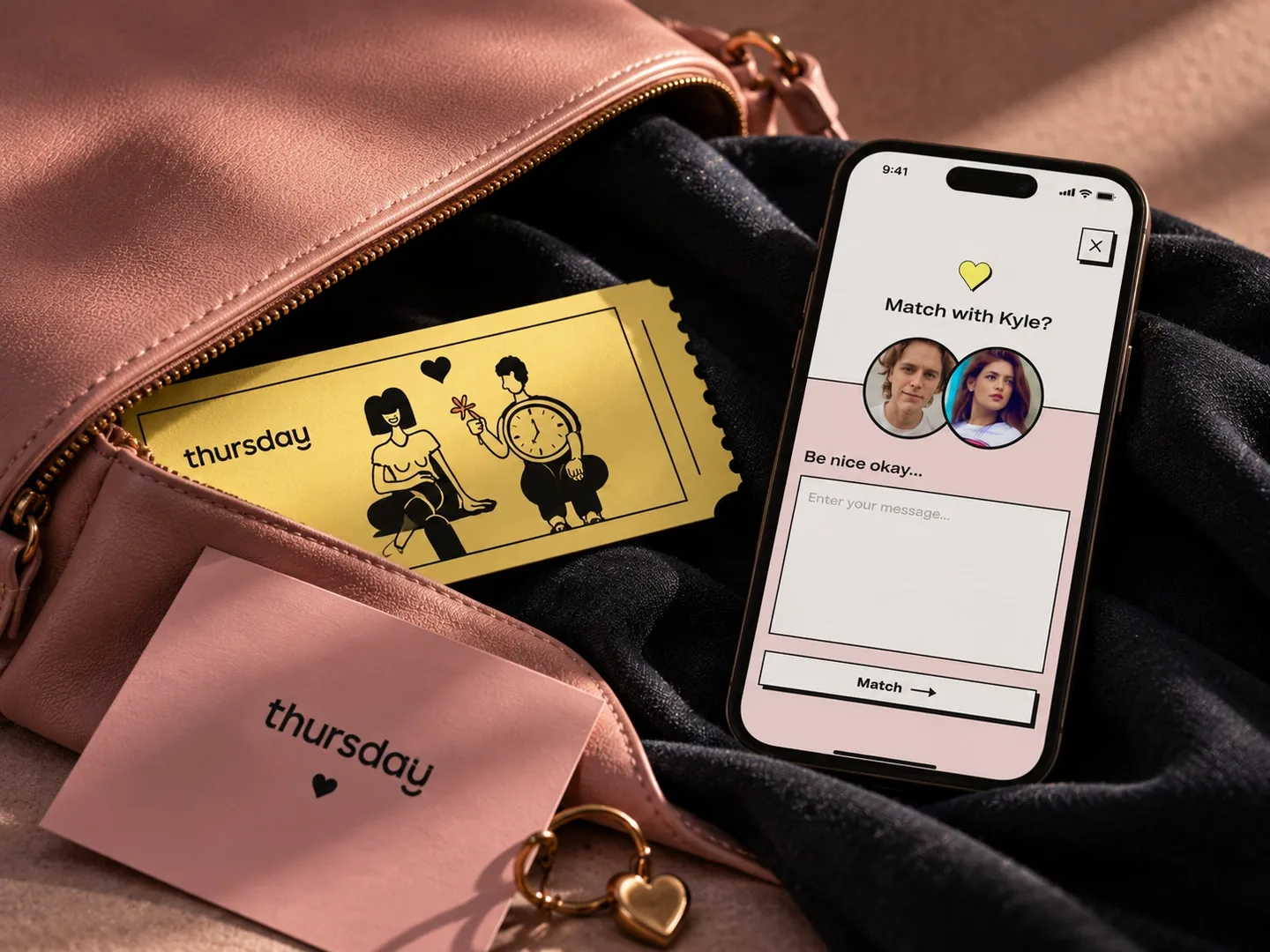 Thursday dating app match screen displayed on a phone with pink branded cards